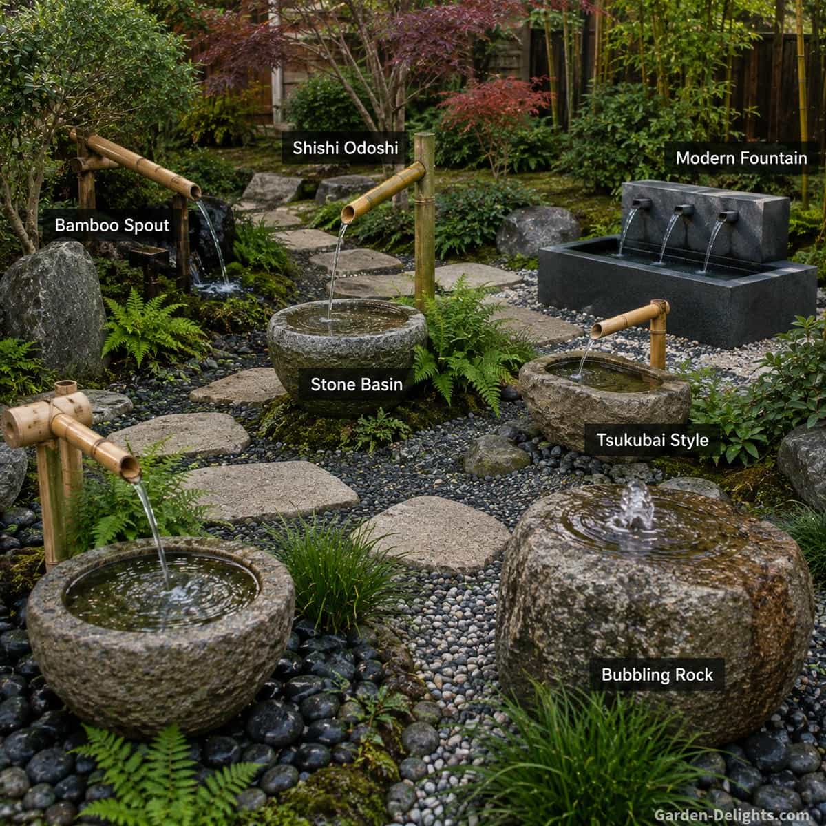 Types of Japanese water fountains showing a bamboo spout, shishi odoshi tipping fountain, natural stone basin, tsukubai inspired feature, bubbling rock and modern rectangular courtyard fountain