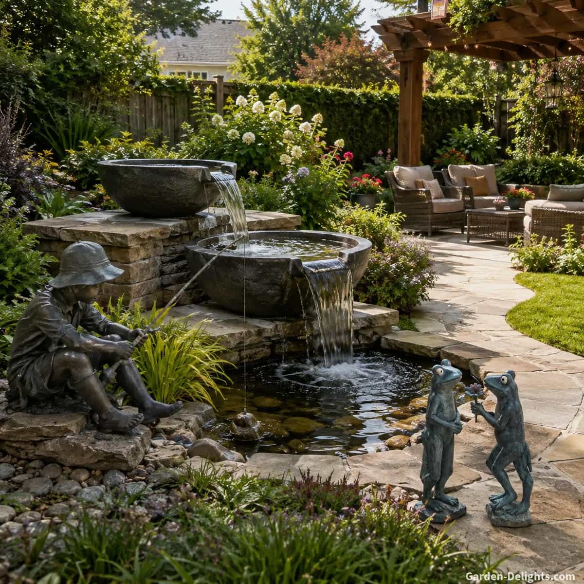 Outdoor water fountain ideas for a landscaped backyard with a tiered stone fountain, patio seating, pergola, garden path and balanced residential planting