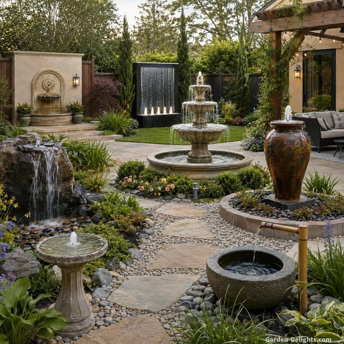 Outdoor fountain type comparison showing tiered, wall, bubbling rock, pondless, birdbath, urn and modern fountains across realistic residential landscapes
