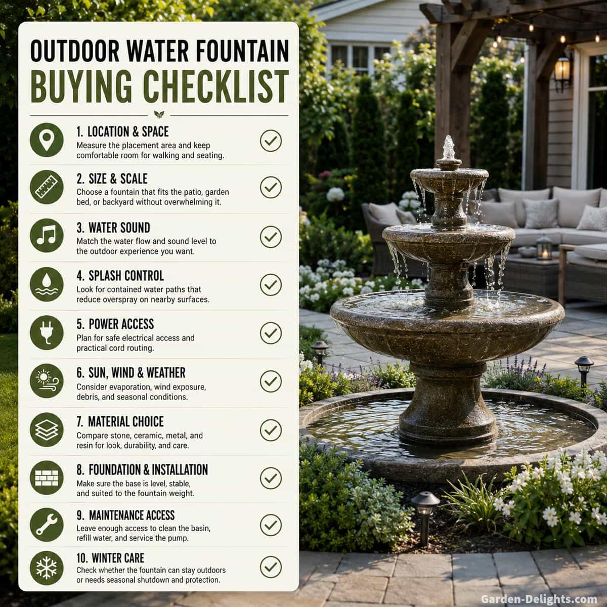 Outdoor water fountain buying checklist beside a finished suburban patio and garden showing a properly scaled bubbling fountain, comfortable seating, clear walking space, nearby power access, restrained planting and practical maintenance access