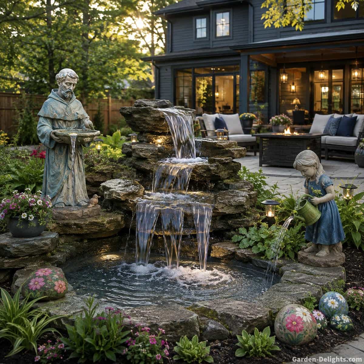 Cascading outdoor rock fountain with broad and narrow water flows, varied drop heights, landscaped planting, patio seating, painted garden stones and decorative statues in a realistic backyard