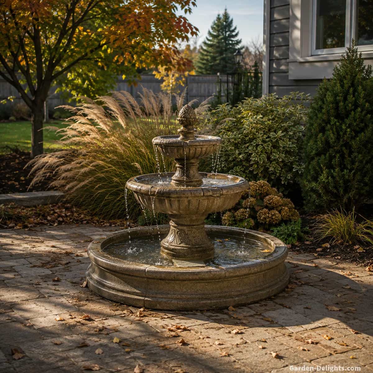 Outdoor water fountain in a realistic suburban garden showing bright sun, partial shade, moderate wind exposure, nearby autumn leaves and weather resistant landscaping for seasonal fountain planning