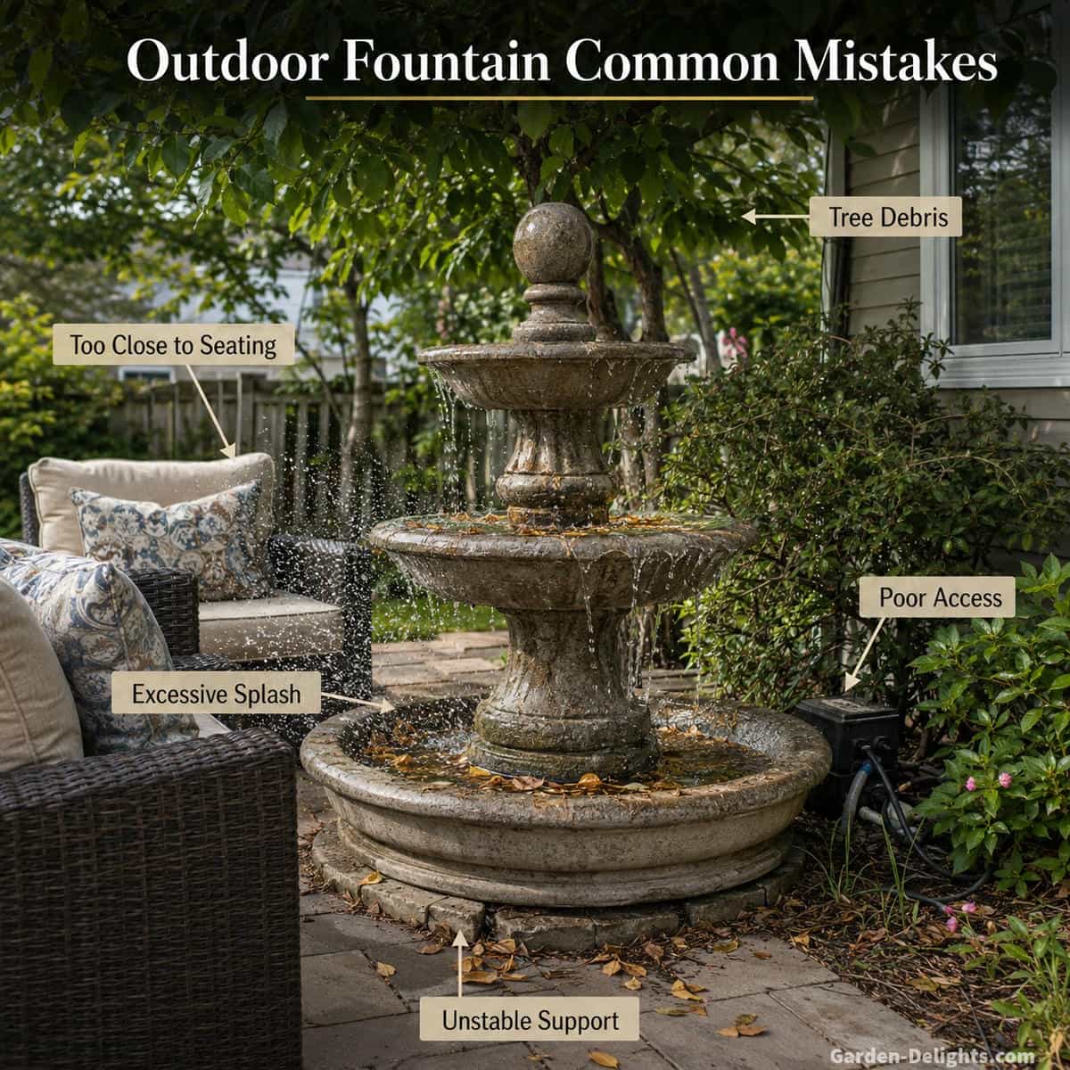 Realistic suburban outdoor fountain planning scene showing common mistakes including a fountain too close to patio seating, excessive splash, uneven support, heavy overhead tree debris and awkward pump service access