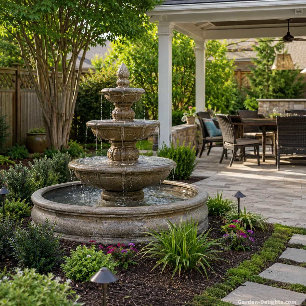 Well chosen outdoor water fountain in a realistic suburban backyard with balanced scale beside patio seating, restrained landscaping, clear garden path, controlled water movement and practical maintenance access