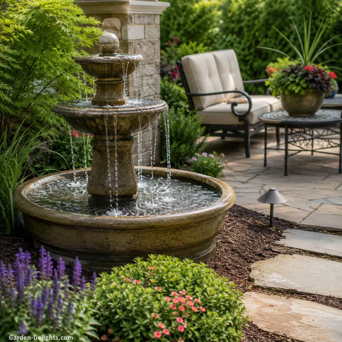 Outdoor tiered water fountain beside patio landscaping showing adjustable water flow, controlled cascading drops, broad basin landing area, realistic splash containment and comfortable separation from seating
