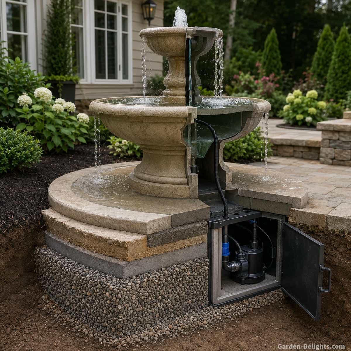 Professional residential outdoor fountain installation cutaway showing a stable level base, compacted foundation, fountain basin, weight distribution, drainage area, concealed pump access and finished landscaping