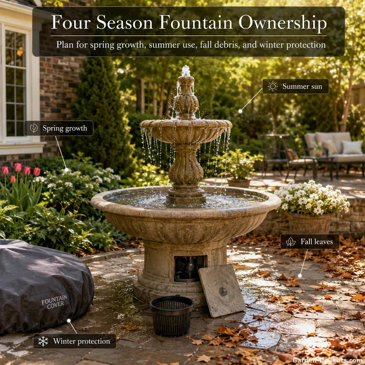 Realistic outdoor water fountain in a suburban landscape with subtle seasonal cues including spring growth, summer sunlight, autumn leaves and winter protection planning without an artificial split screen