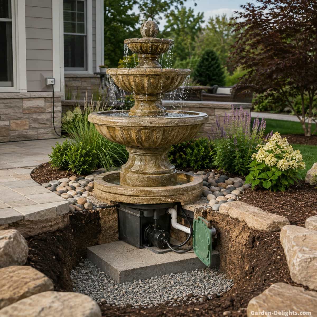 Professional outdoor water fountain installation in a suburban landscape showing a level foundation, stable fountain base, drainage area, concealed pump access, nearby power route and finished patio landscaping