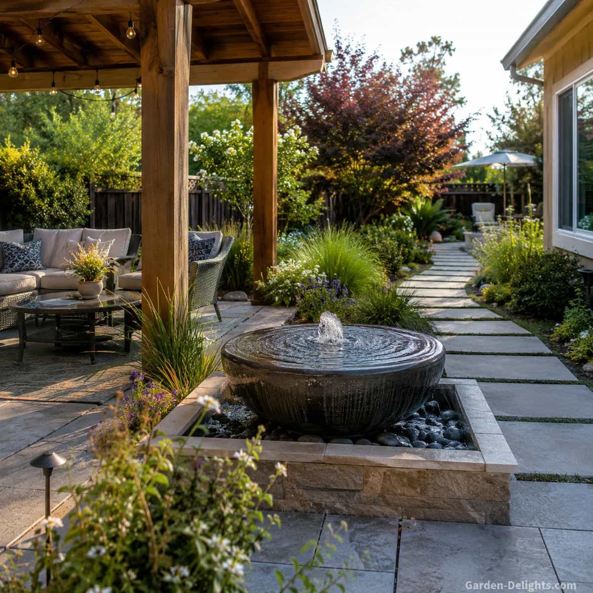 Landscaped outdoor water fountain between pergola seating, a garden pathway and restrained planting beside a comfortable suburban patio living space