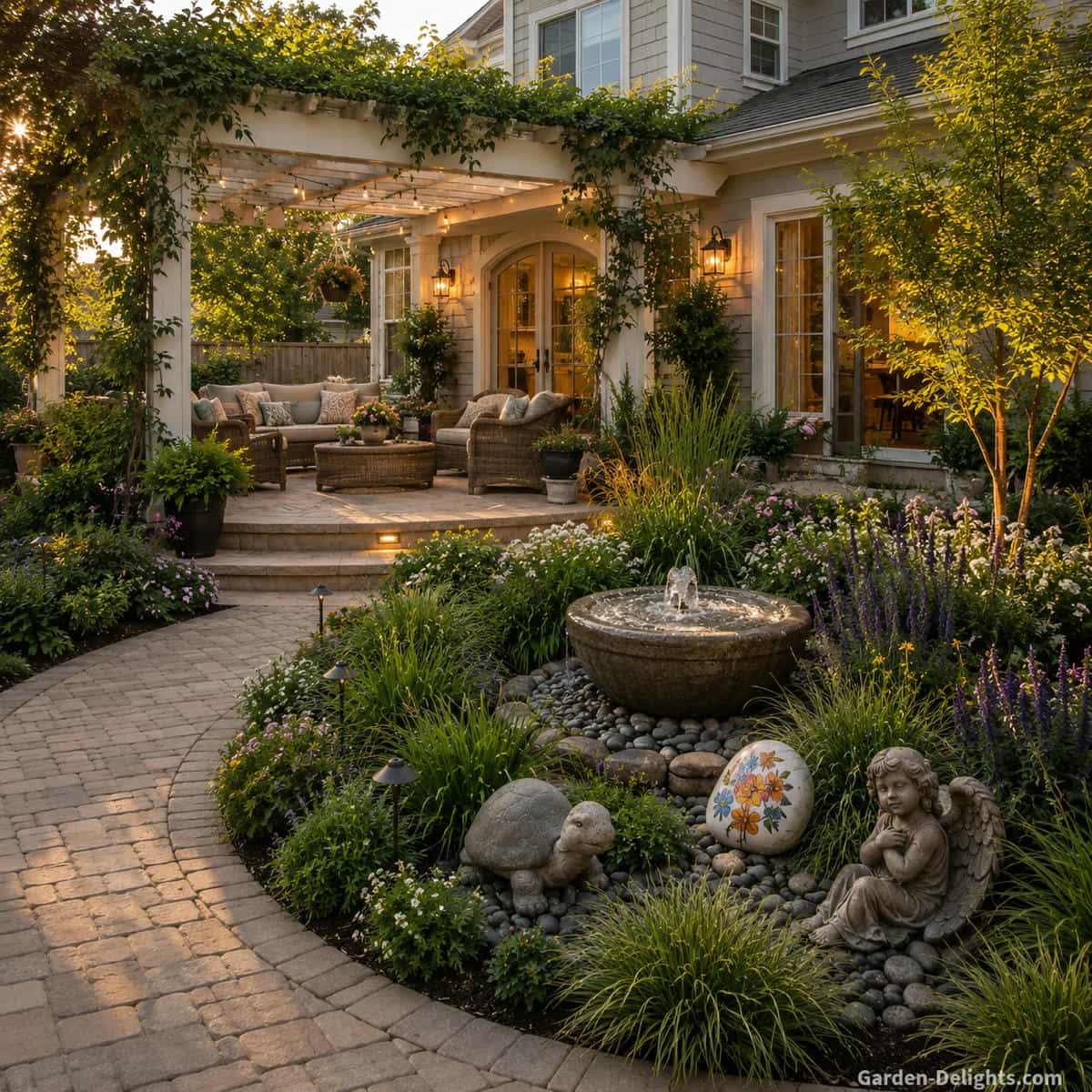 Medium bowl outdoor water fountain beside a curved garden path with pergola patio seating, layered backyard landscaping, turtle ornament, angel statue and decorative painted garden rock