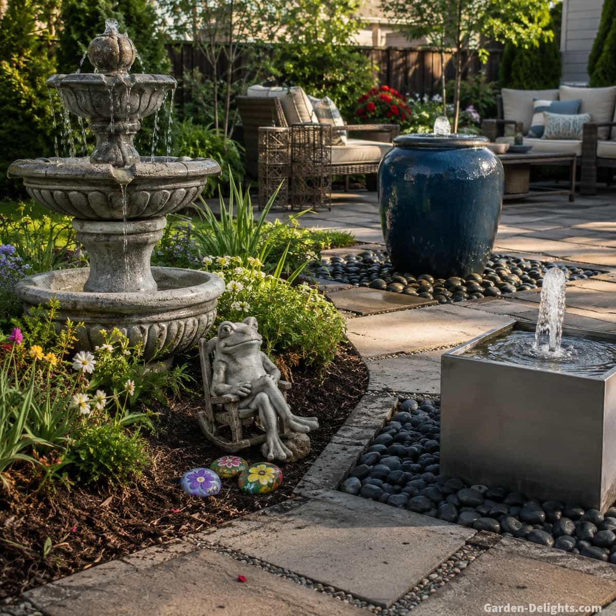 Realistic suburban outdoor living landscape with a substantial stone fountain near garden planting, a glazed ceramic urn near patio seating and a contemporary metal fountain near modern hardscape showing different outdoor fountain material characters