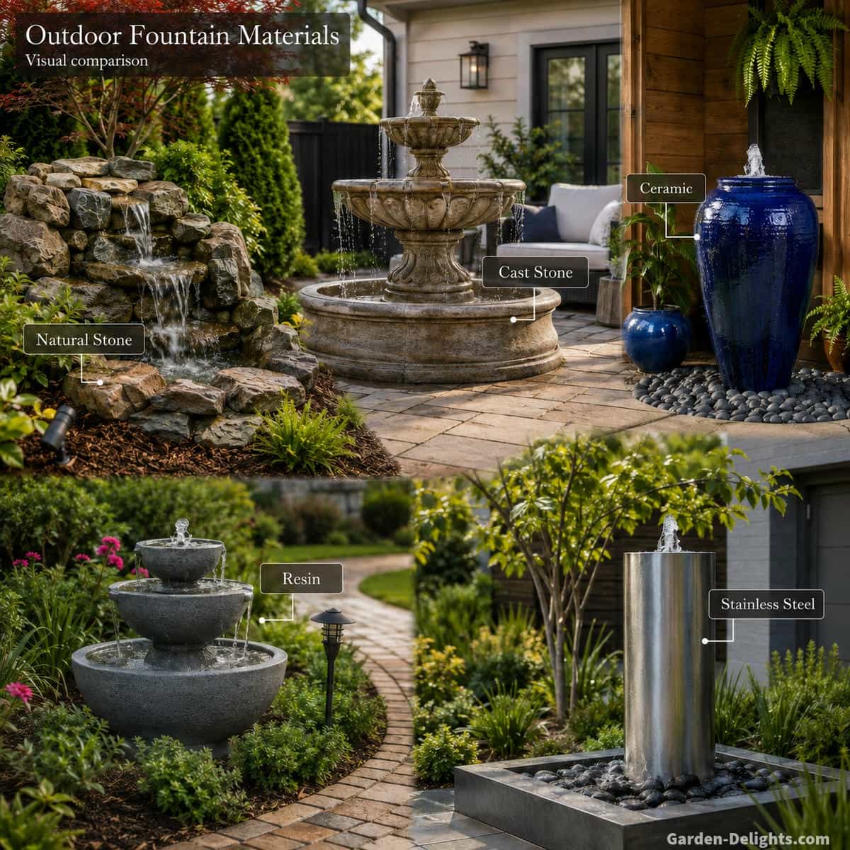 Outdoor water fountain materials shown in a realistic residential landscape with stone, cast stone, ceramic, resin and metal fountain forms positioned in separate patio and garden zones for comparing weather resistance, weight and visual character