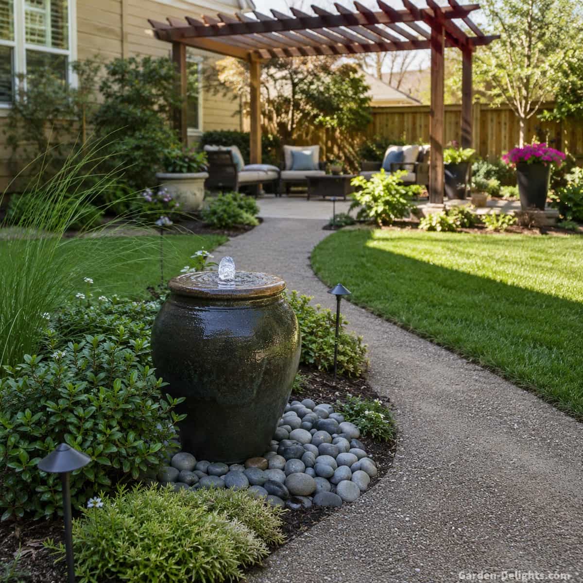 Outdoor bubbling urn fountain beside a curved garden path connecting comfortable patio seating, pergola, lawn and restrained planting in a realistic suburban backyard