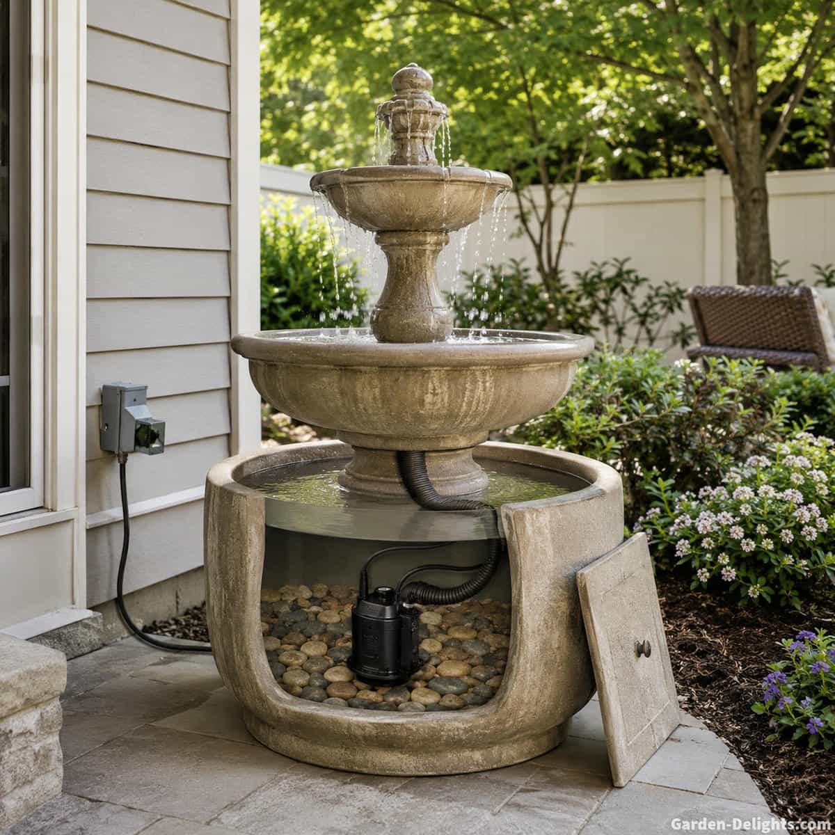 Outdoor water fountain system beside a realistic suburban patio showing a concealed submersible pump, recirculating tubing, outdoor electrical route, water reservoir and accessible service area