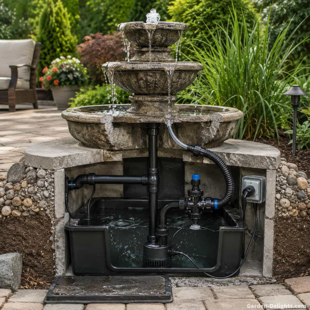Realistic outdoor fountain cutaway showing water basin, concealed submersible pump, recirculating tubing, adjustable flow control, electrical route and accessible pump service area beside finished patio landscaping
