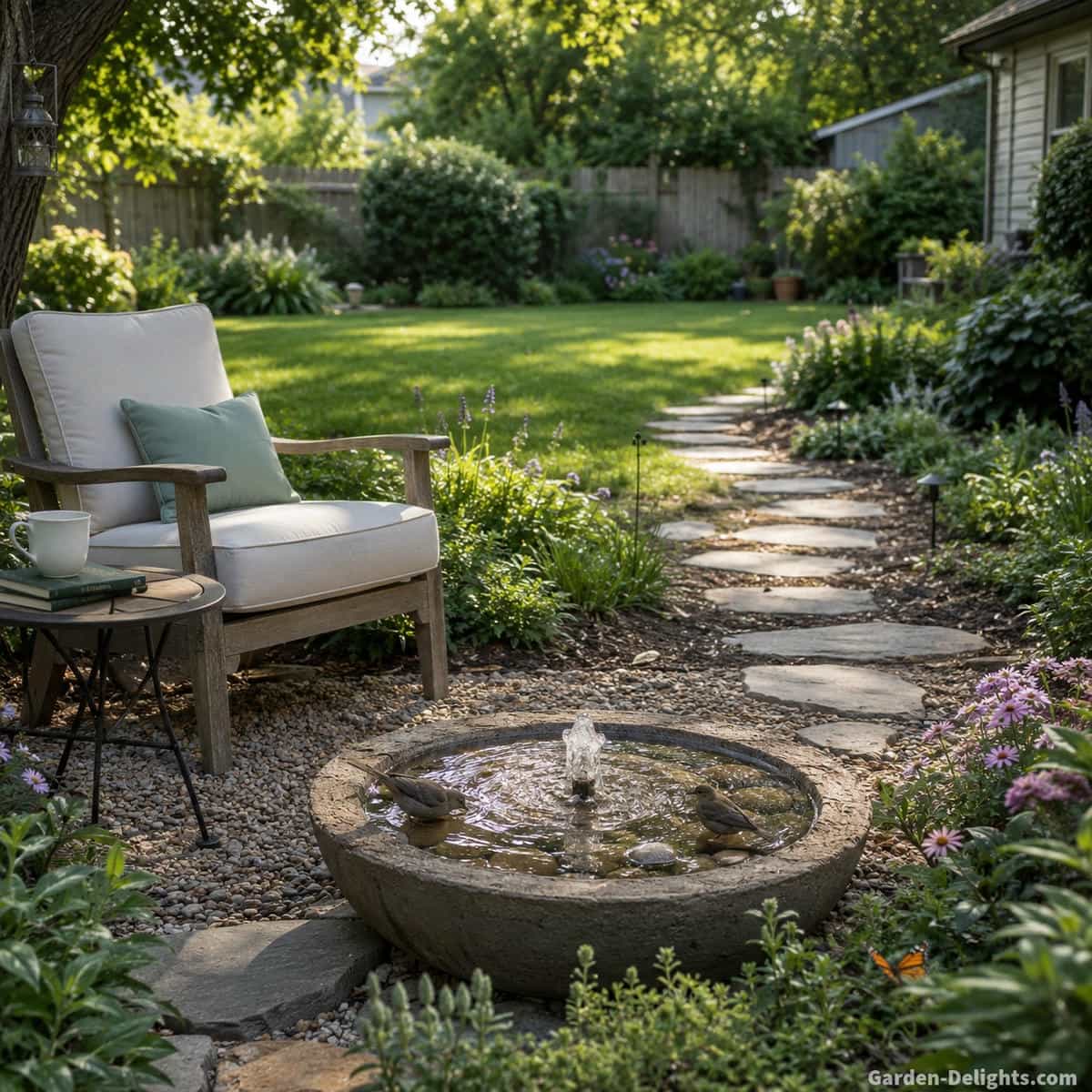 Natural bubbling outdoor water fountain beside a comfortable reading chair with shallow wildlife friendly water, restrained pollinator planting, garden path and open suburban backyard space