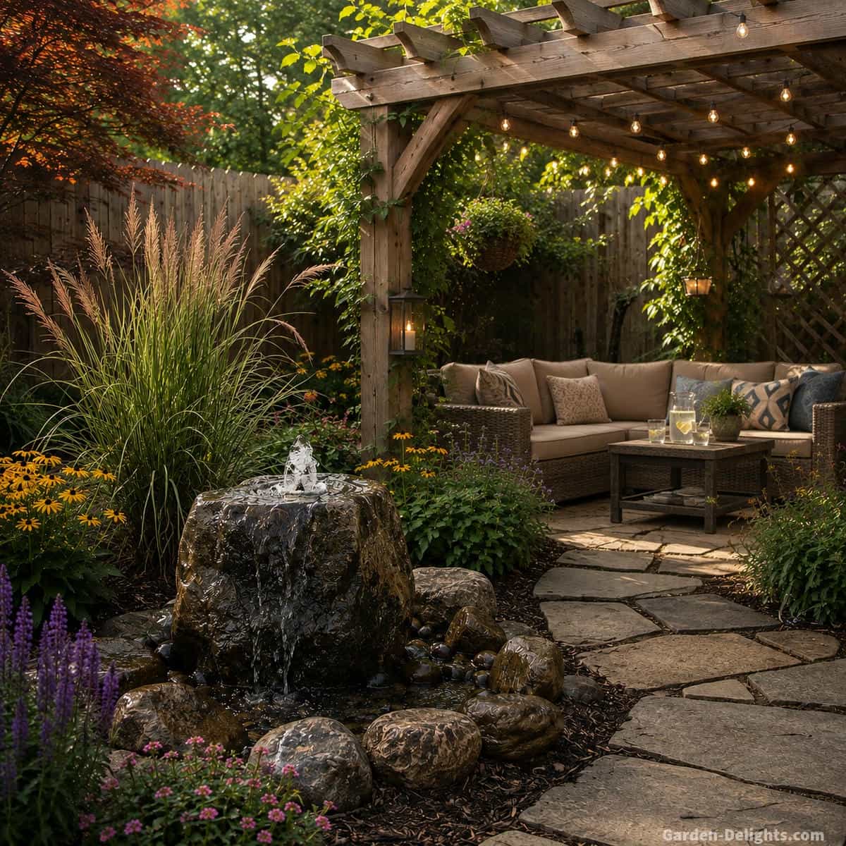 Peaceful backyard water fountain retreat with gentle bubbling water, comfortable reading seating, wildlife friendly basin, flowers and ornamental grasses