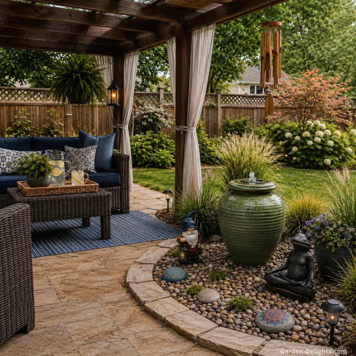 Medium green urn outdoor water fountain scaled beside a covered pergola patio with wicker seating, gravel garden bed, bamboo wind chime, gnome, meditating frog and painted decorative stones