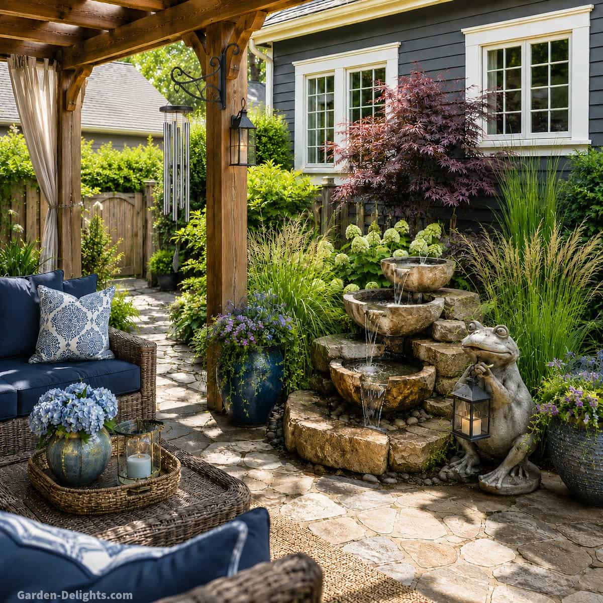 Medium outdoor water fountain scaled to a suburban backyard with covered patio seating, lawn, garden path and house architecture for realistic viewing distance
