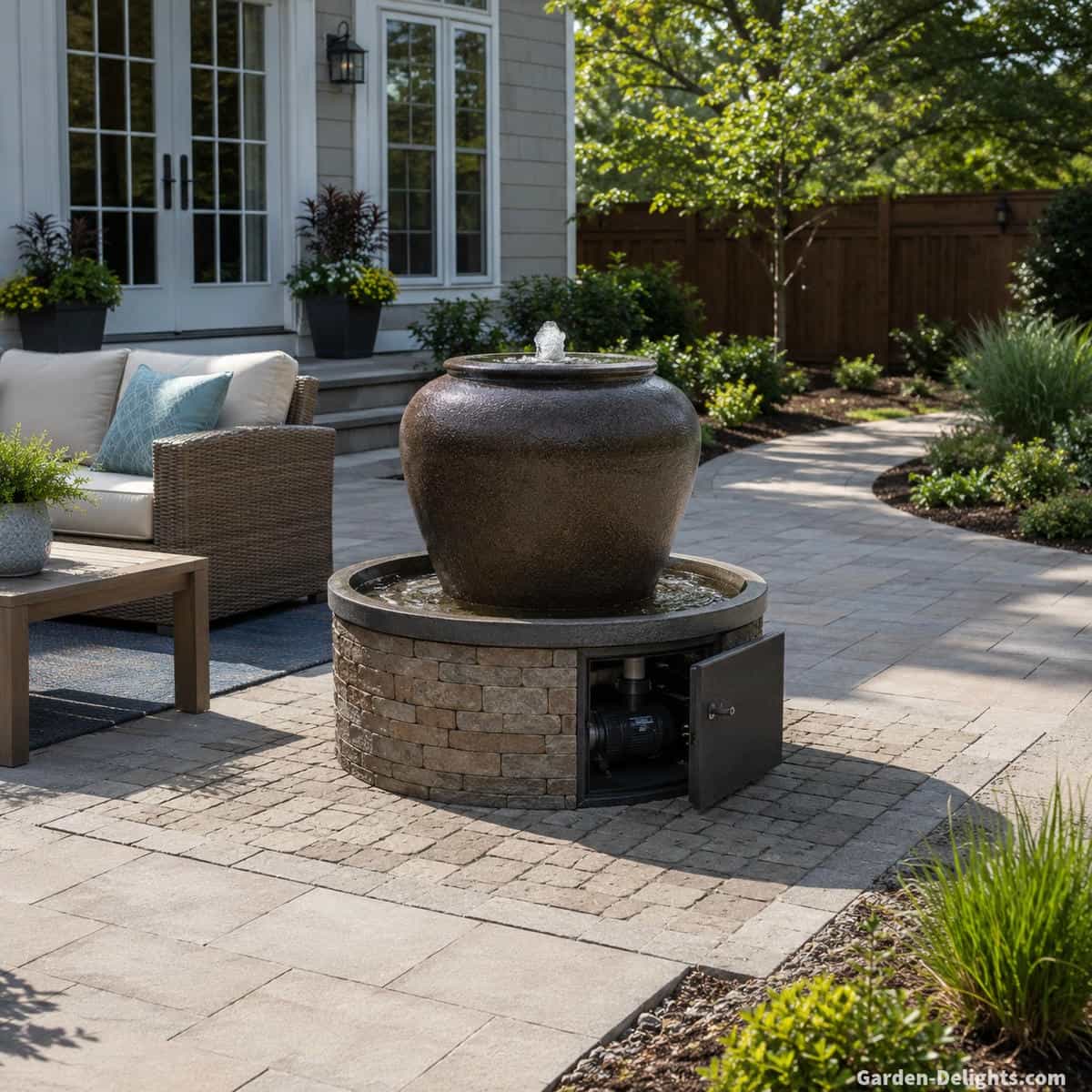 Properly planned medium outdoor water fountain beside suburban patio seating with controlled bubbling water, stable level foundation, open walking space, restrained landscaping and clear pump maintenance access