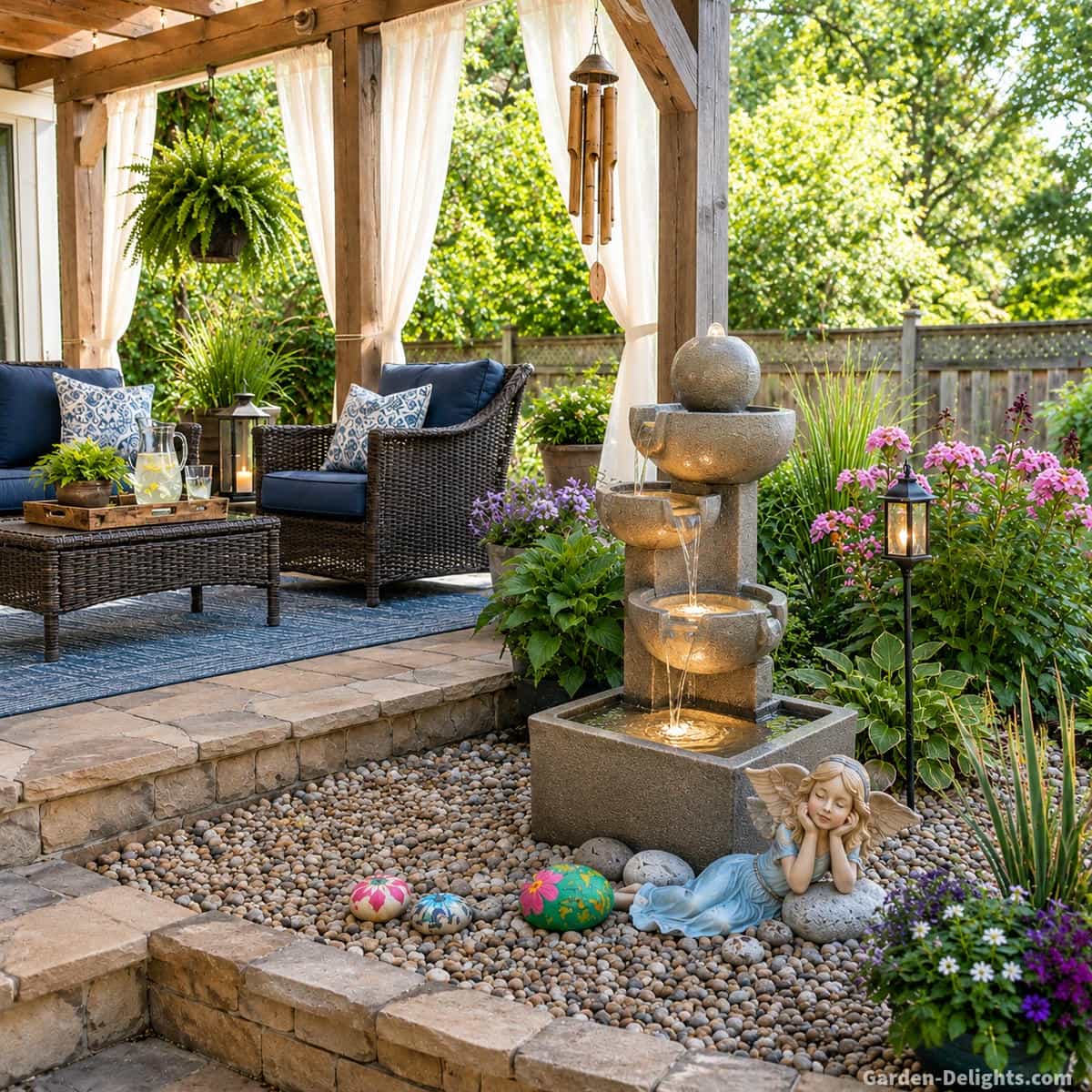Outdoor cascading water fountain with round spill bowls and square basin positioned beside a covered patio seating area, river rock garden, angel statue, flowers and landscaped backyard