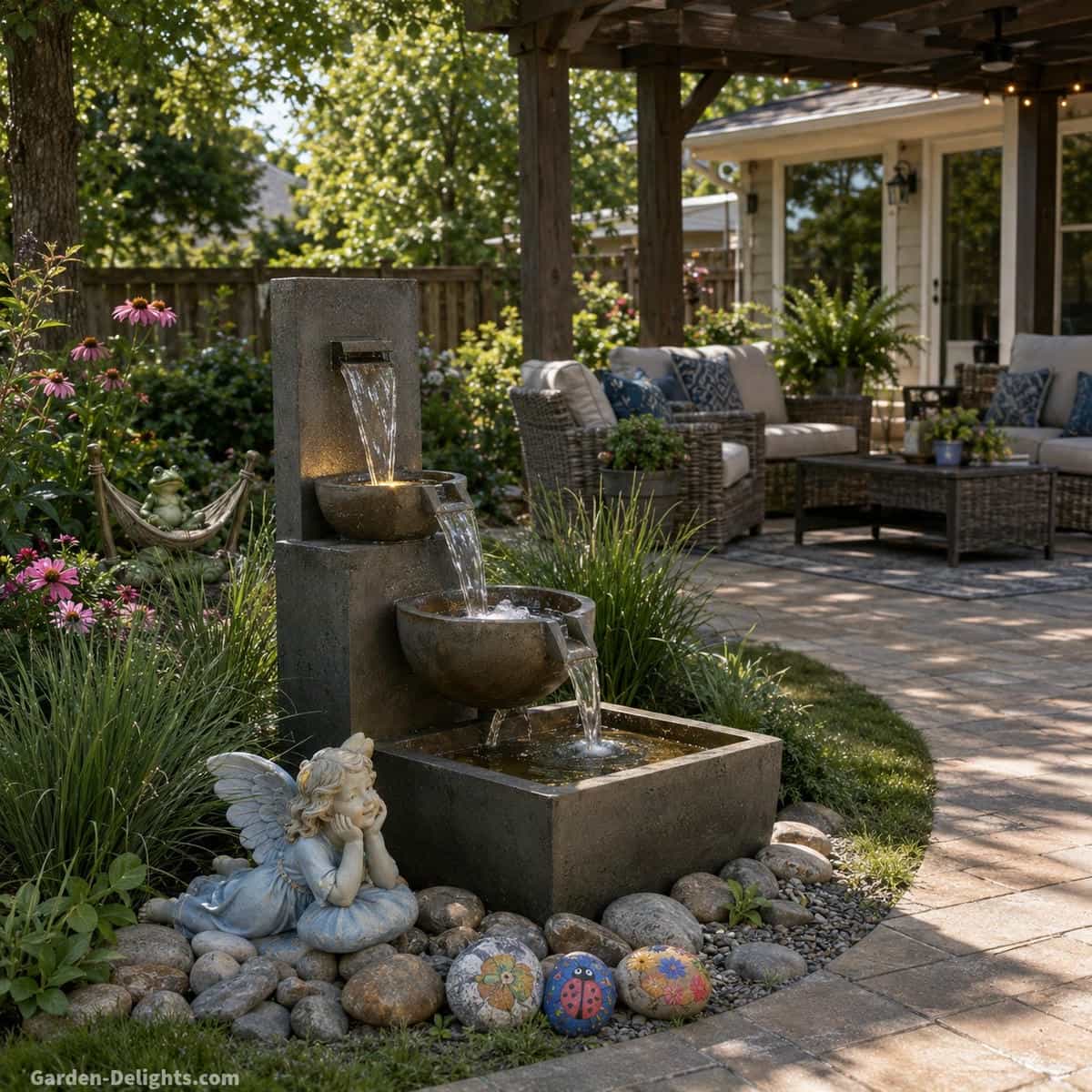 Outdoor fountain beside covered patio seating with controlled cascading water, practical splash distance and comfortable separation from a conversation area
