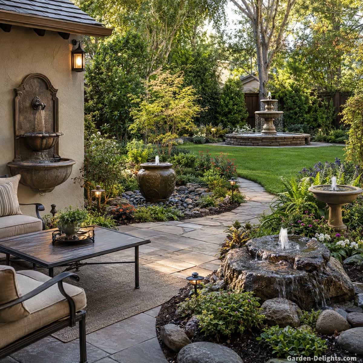 Outdoor fountain type selection scene with a realistic residential patio, garden path, lawn and landscaped backyard showing how fountain scale, water movement, seating distance and landscape style influence the best fountain form