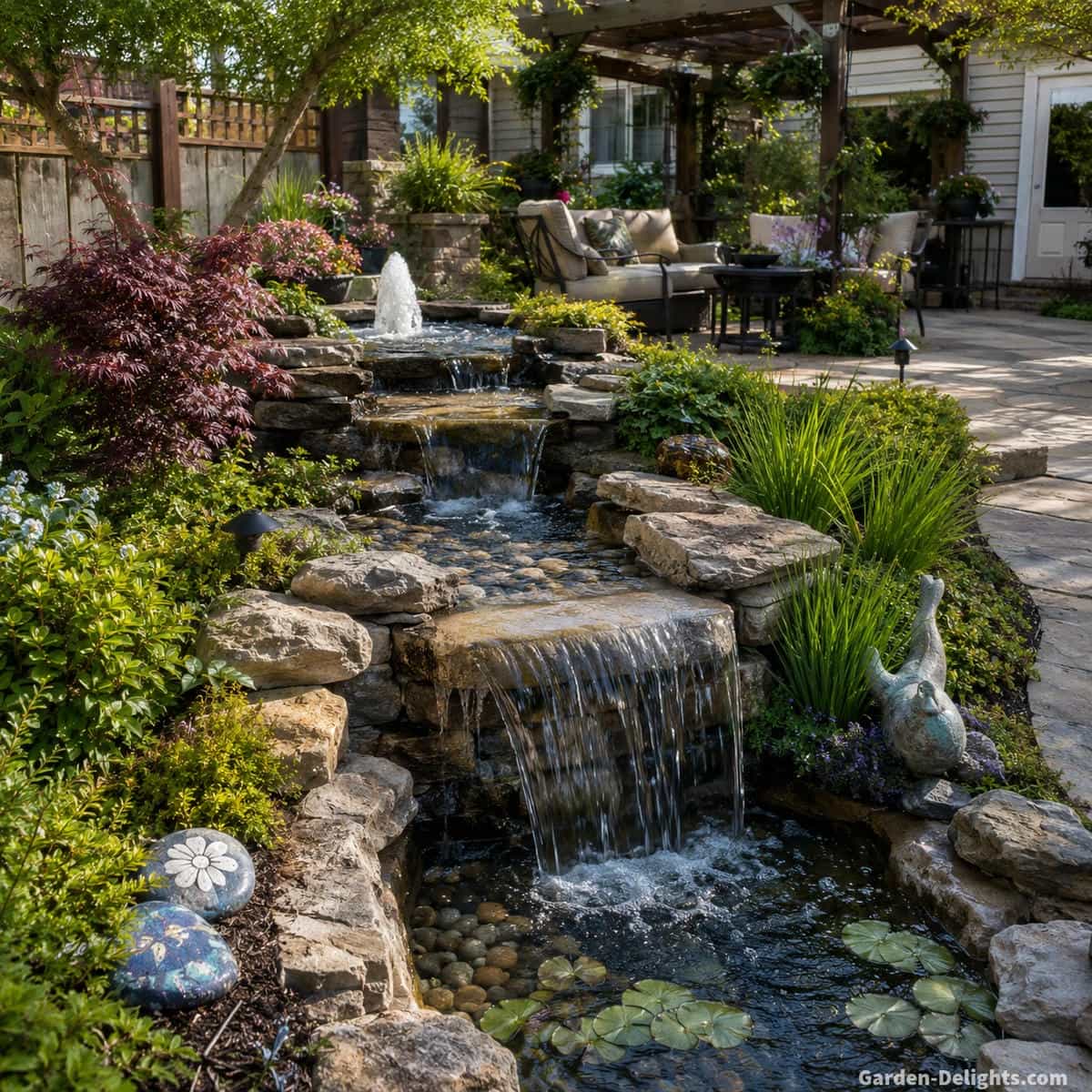 Outdoor fountain with bubbling, trickling and cascading water across stone surfaces beside patio seating, ornamental grasses and a landscaped garden path