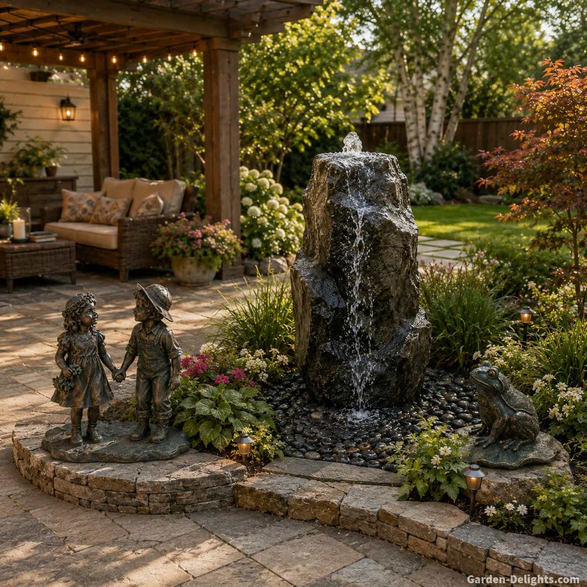 Tall bubbling rock outdoor water fountain in a landscaped backyard garden nook with pergola seating, stone edging, pathway access and decorative garden statues