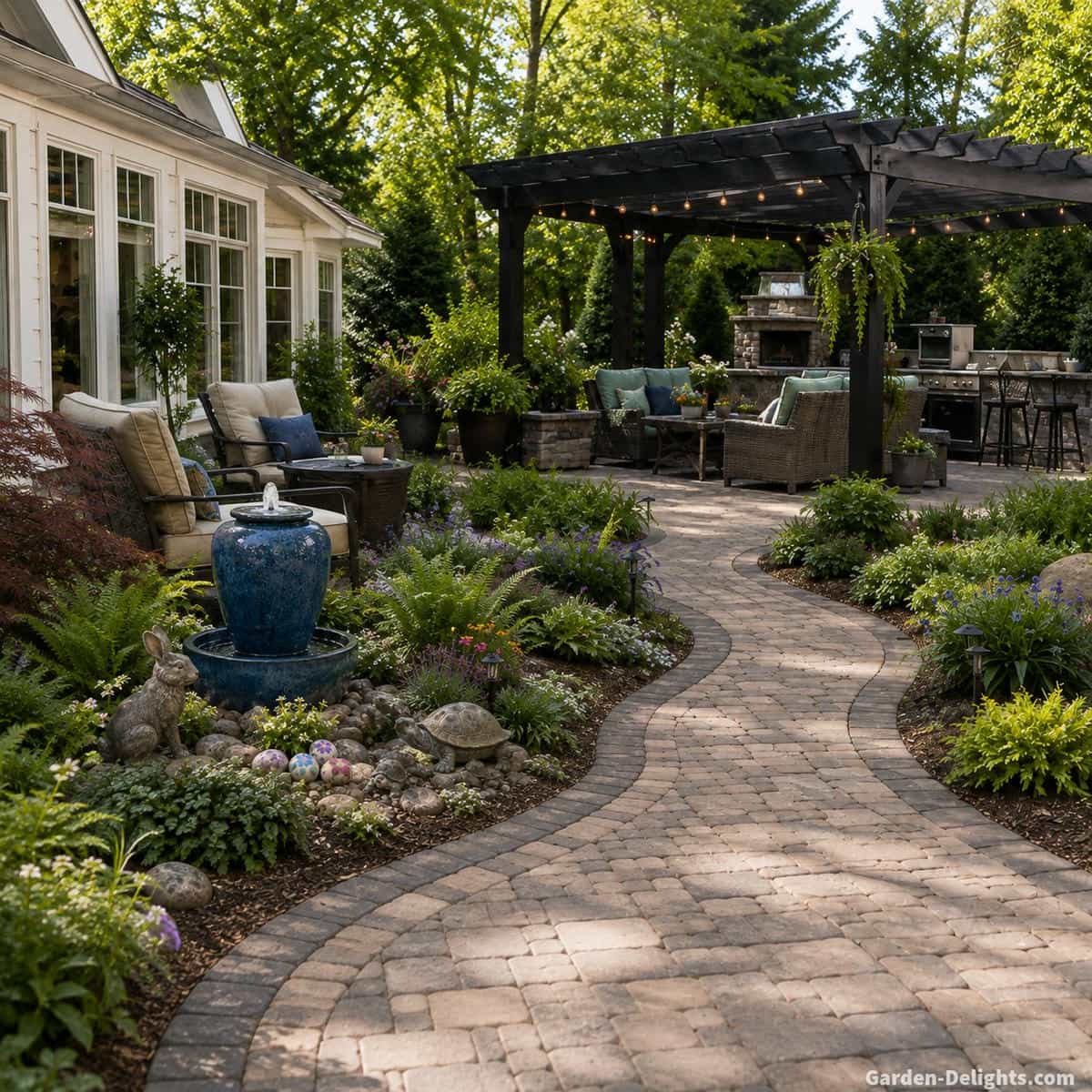 Outdoor fountain placement linking a patio, garden path and backyard landscape with balanced scale, clear sightlines and comfortable outdoor living space