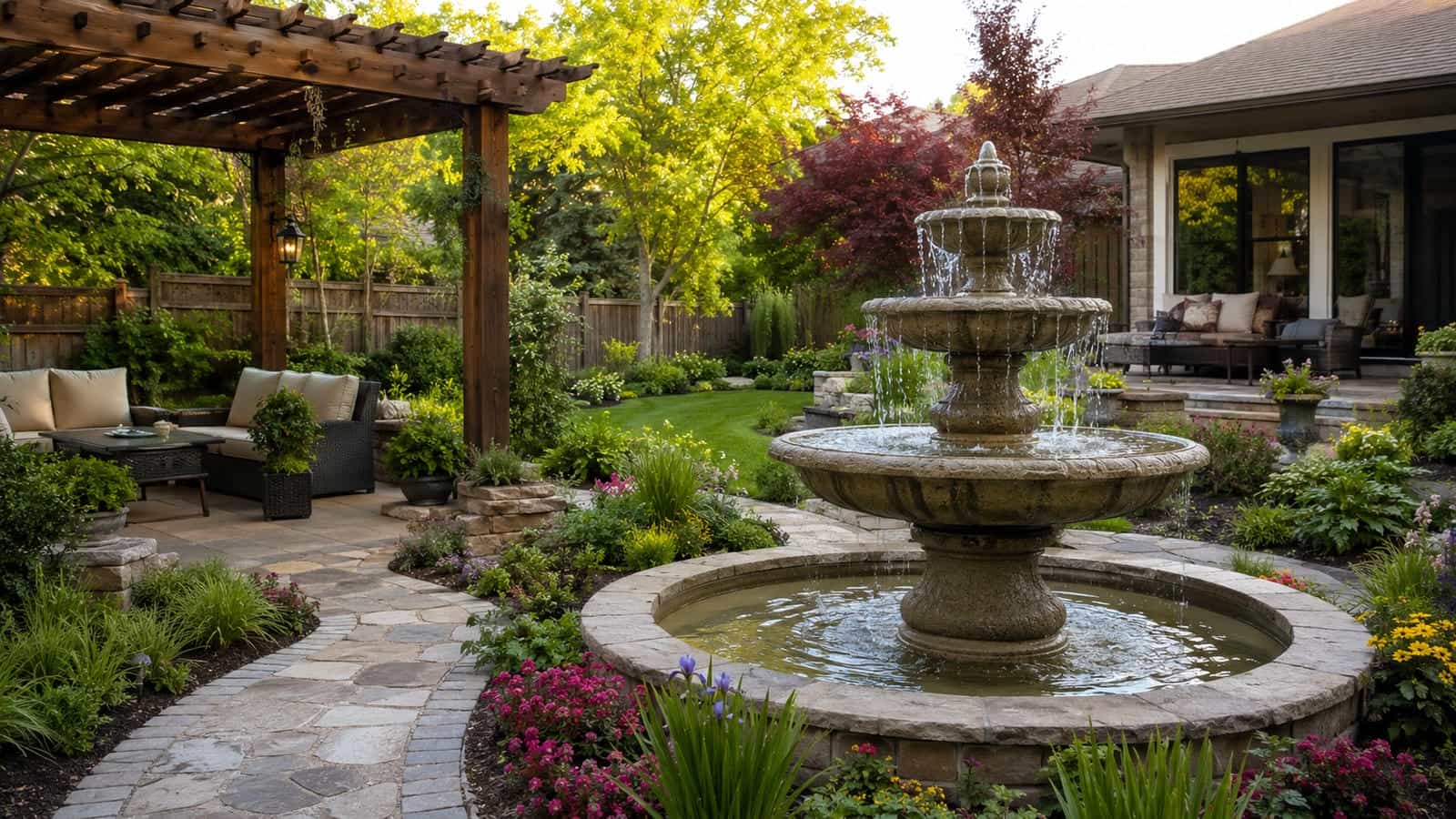 Outdoor water fountains for patios, gardens and backyards showing a refined tiered stone fountain between a landscaped garden path, pergola seating and comfortable outdoor living area in a realistic suburban yard.