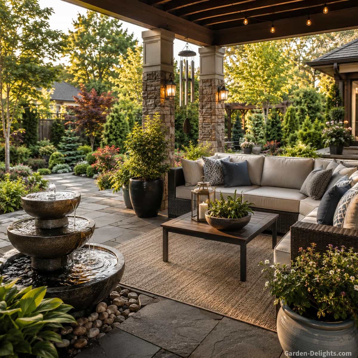 Inviting patio water fountain beside a neutral outdoor sectional beneath a covered pergola with stone pavers, coffee table, container plants and clear walking space for dining, conversation and relaxation