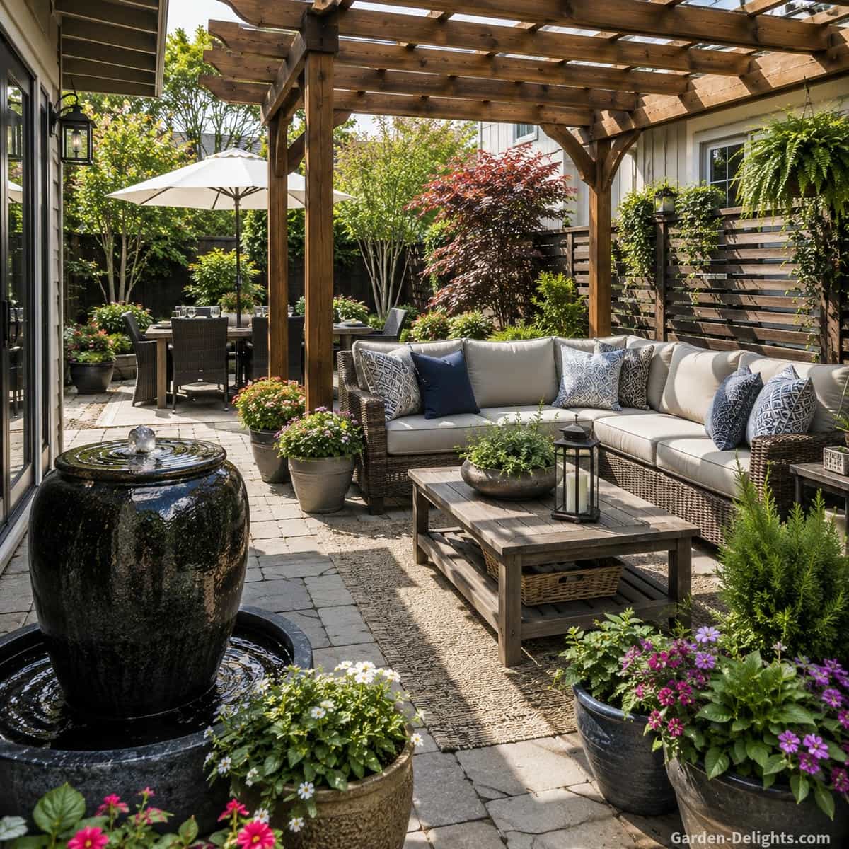 Bubbling urn patio water fountain beside comfortable outdoor seating under a wood pergola with stone pavers, container plants and open space for walking and entertaining