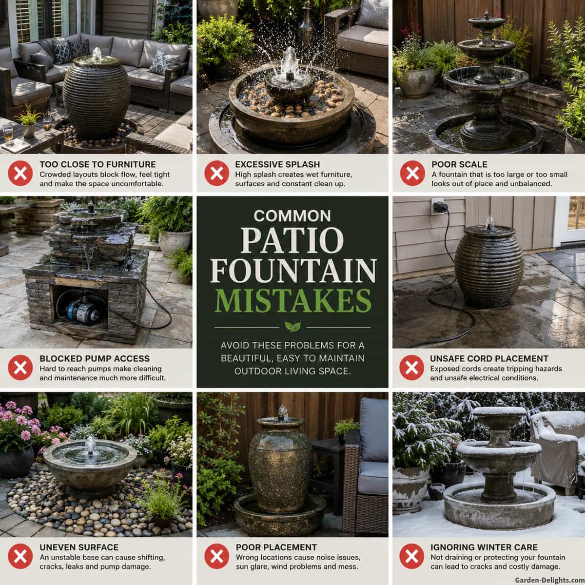 Patio water fountain showing common outdoor living mistakes including crowded furniture, blocked pump access, excessive splash, unsafe cord placement, poor scale and an uneven supporting surface
