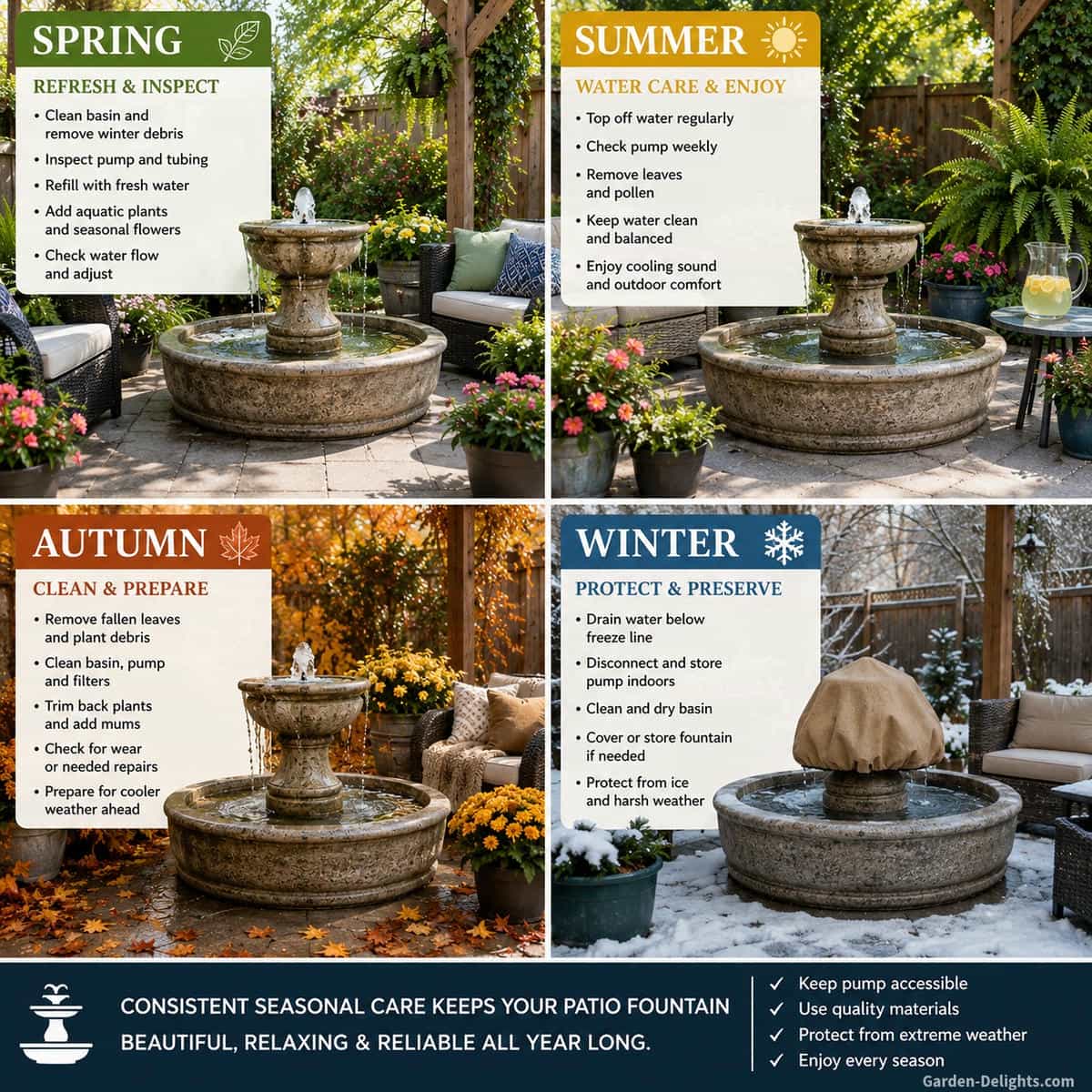 Four-season patio fountain maintenance infographic showing spring pump inspection, summer water care, autumn debris removal and winter drainage around the same fountain and outdoor seating area