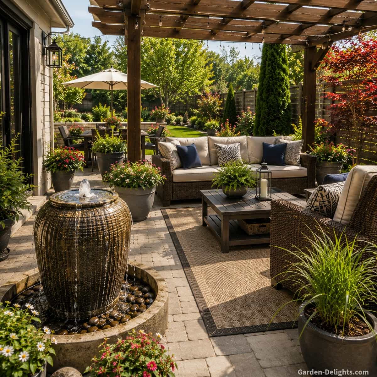 Durable patio water fountain beside a mature outdoor living area with wicker seating, neutral cushions, wood pergola, stone pavers, large planters, open pump access and clear walking space