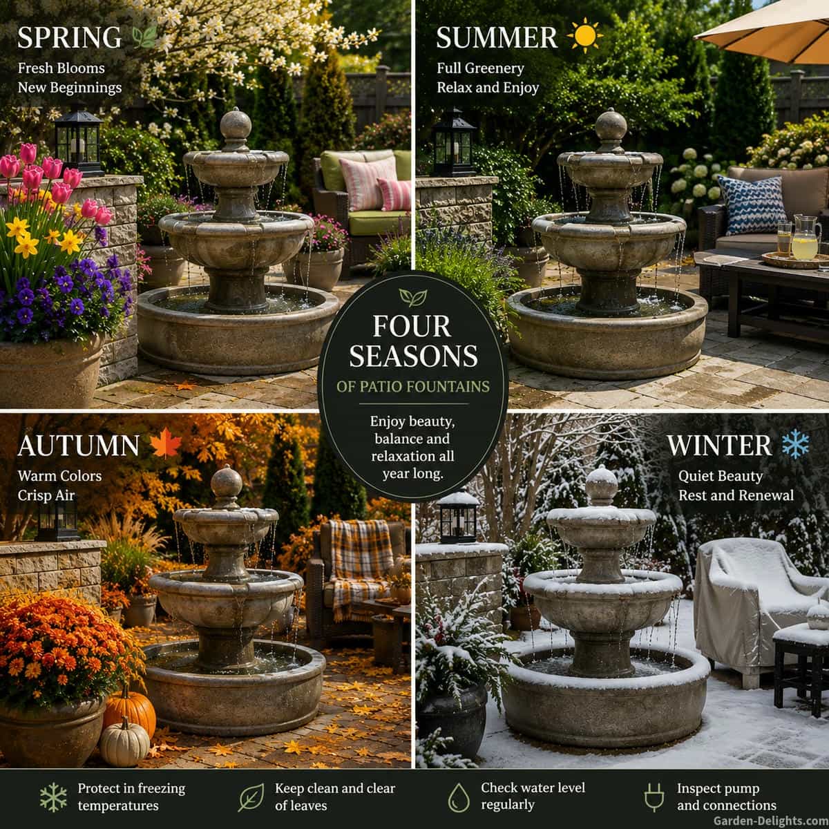 Four season patio fountain scene showing spring container flowers, summer seating, autumn leaves and a snow covered winter patio around the same outdoor water feature