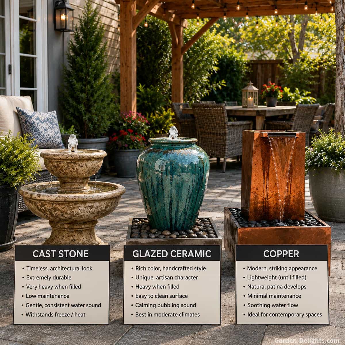 Patio display comparing a cast stone fountain, glazed ceramic urn fountain and modern copper water fountain beside outdoor seating, stone pavers, container plants and a wood pergola