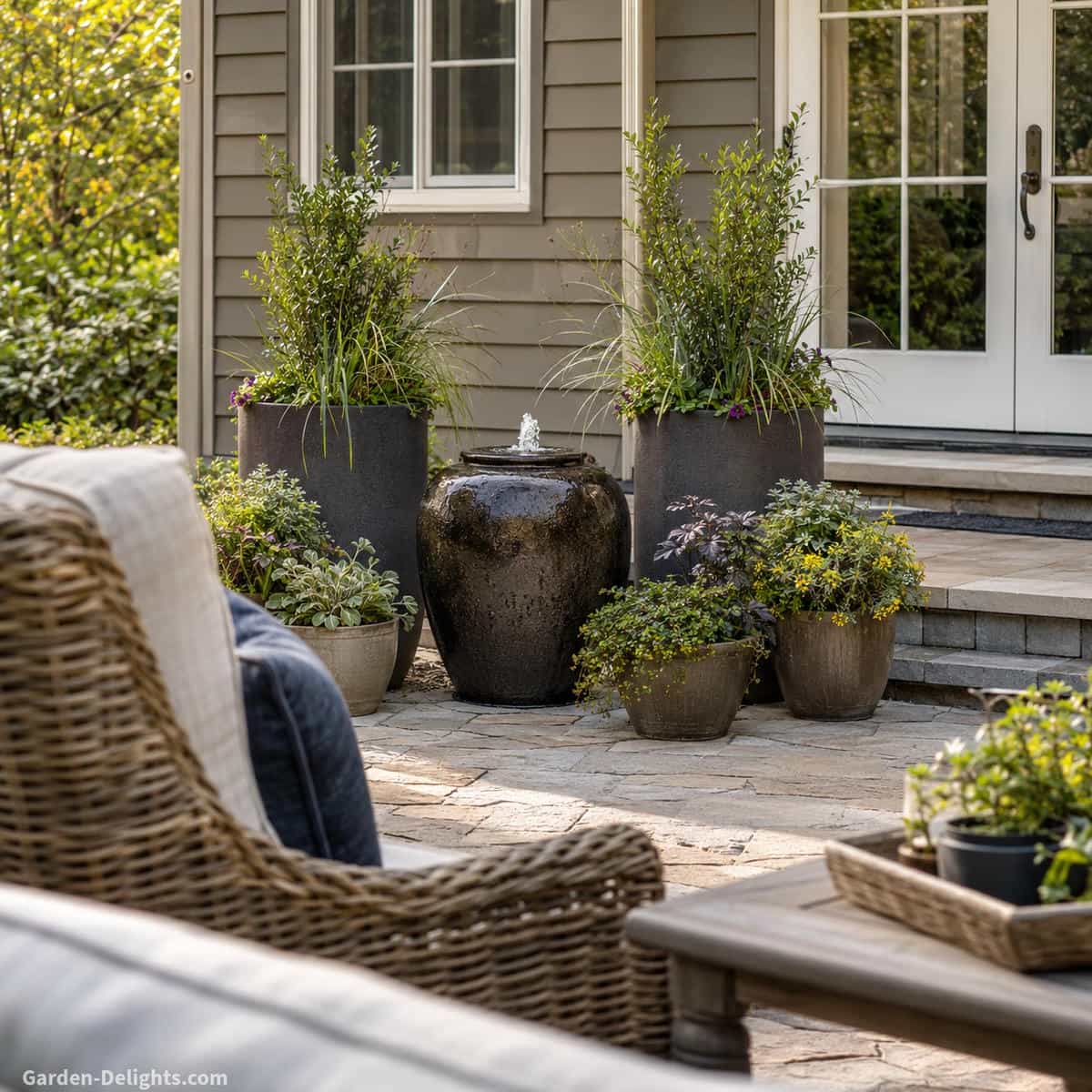 Bubbling urn patio fountain framed by layered container flowers, ornamental grasses and tall privacy planters beside comfortable seating on a stone paved outdoor living area