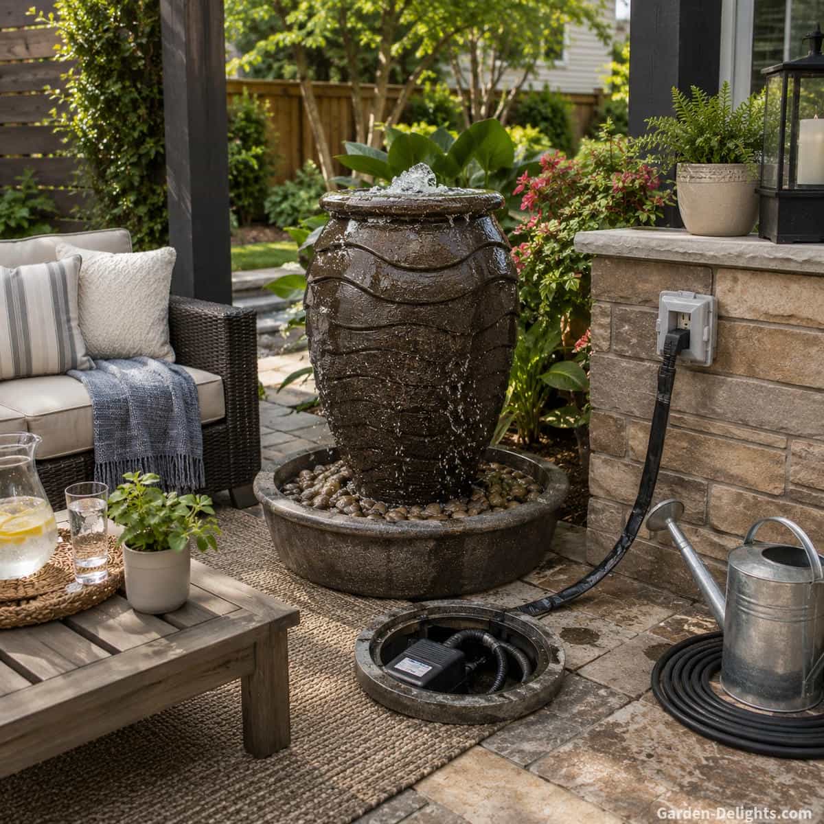 Patio water fountain with concealed outdoor power cord, accessible pump compartment, clear maintenance space, nearby water source and outdoor furniture positioned beyond the splash zone