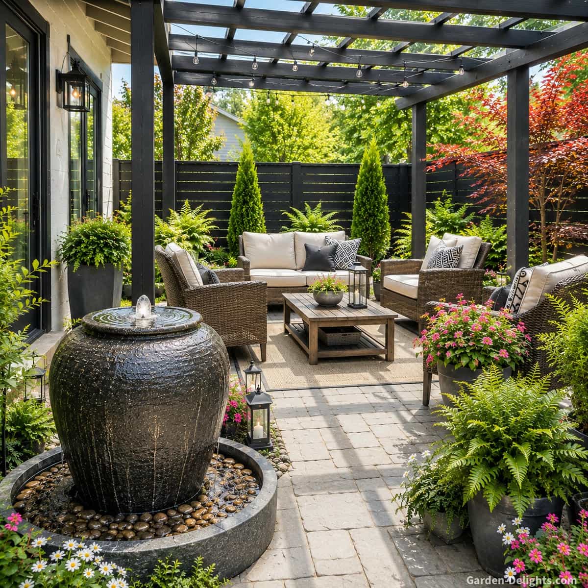 Proportionate bubbling urn patio water fountain beside a medium outdoor conversation area with wicker chairs, neutral cushions, stone pavers, coffee table, planters and clear access from the house