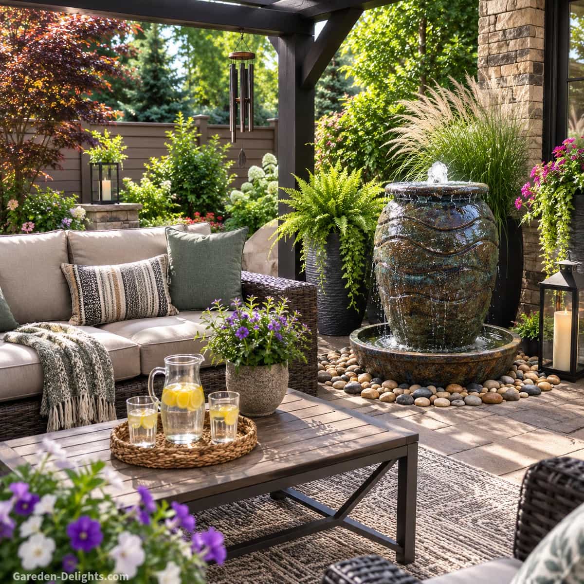 Medium bubbling urn patio water fountain beside an outdoor sectional, pergola, coffee table and container plants showing balanced height, basin width and furniture clearance