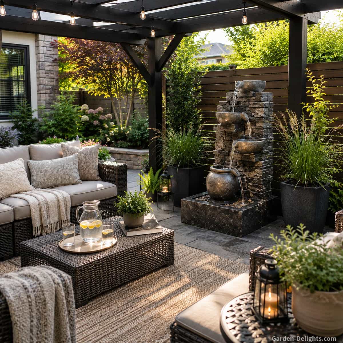 Stacked stone patio water fountain with cascading bowls beneath a pergola beside neutral wicker seating, stone pavers and container grasses arranged for comfortable listening distance