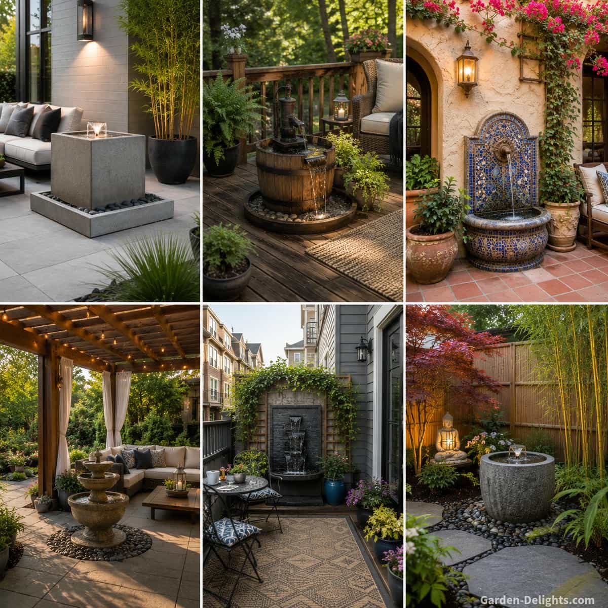 Patio water fountain styles shown in modern concrete, rustic stone, Mediterranean ceramic, covered pergola, compact townhouse and Zen inspired outdoor living spaces