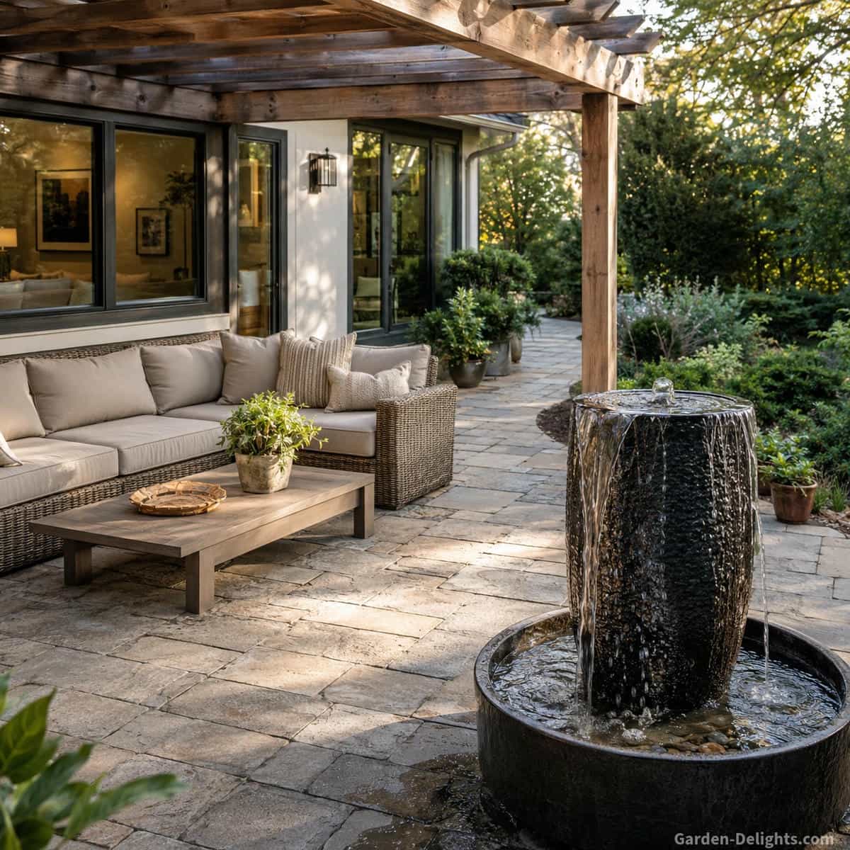Patio water fountain positioned beside an outdoor sectional beneath a pergola with stone pavers, coffee table, container plants, open walking routes and clear views from the house