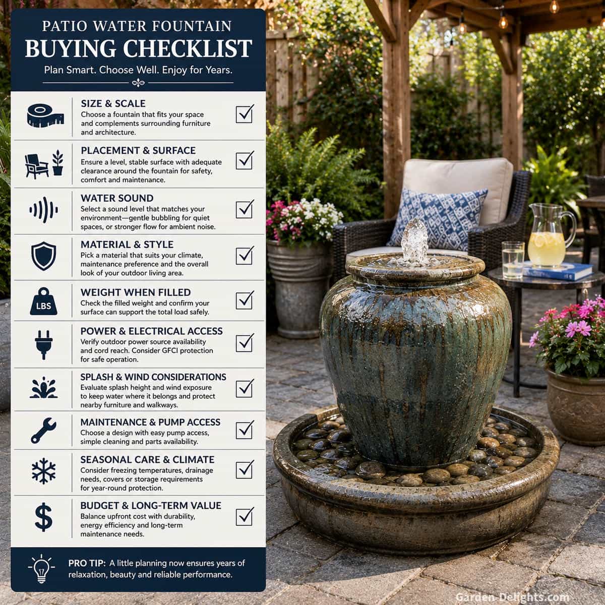 Patio water fountain buying checklist beside a bubbling urn fountain with outdoor seating, container plants, pavers and a pergola, covering size, sound, material, weight, power, splash, maintenance and seasonal care