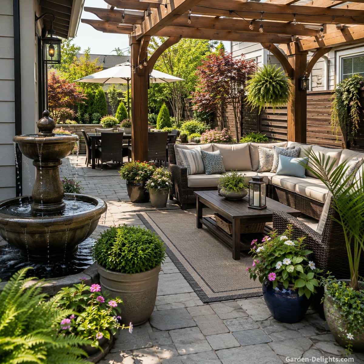 Elegant patio water fountain beside an outdoor sectional beneath a wood pergola with stone pavers, coffee table, neutral cushions, container plants and open walking space for dining, conversation and relaxing