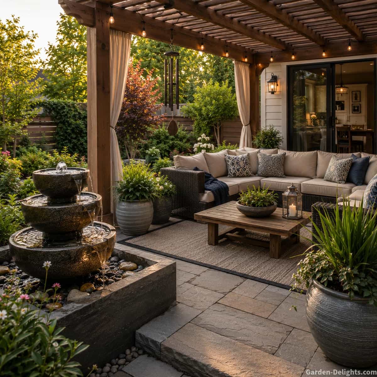 Patio water fountain beside a comfortable outdoor conversation area with wicker seating, neutral cushions, a wood pergola, stone pavers, container plants, an outdoor rug and open access from the house