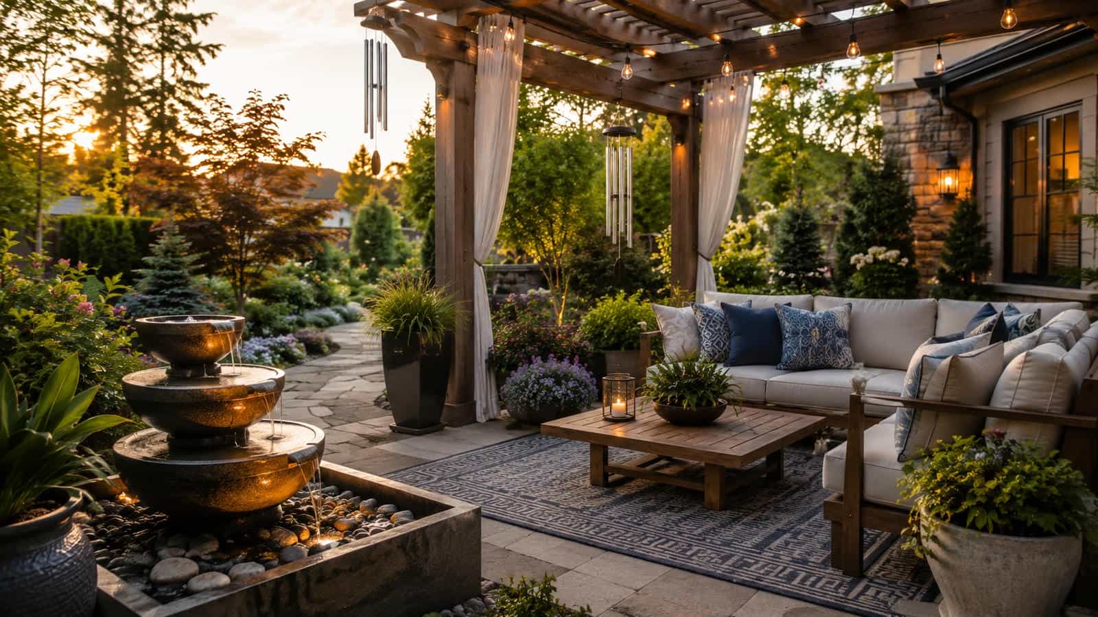 Elegant patio water fountain beside a comfortable outdoor sectional beneath a wood pergola with stone pavers, an outdoor rug, coffee table, container plants and soft afternoon light