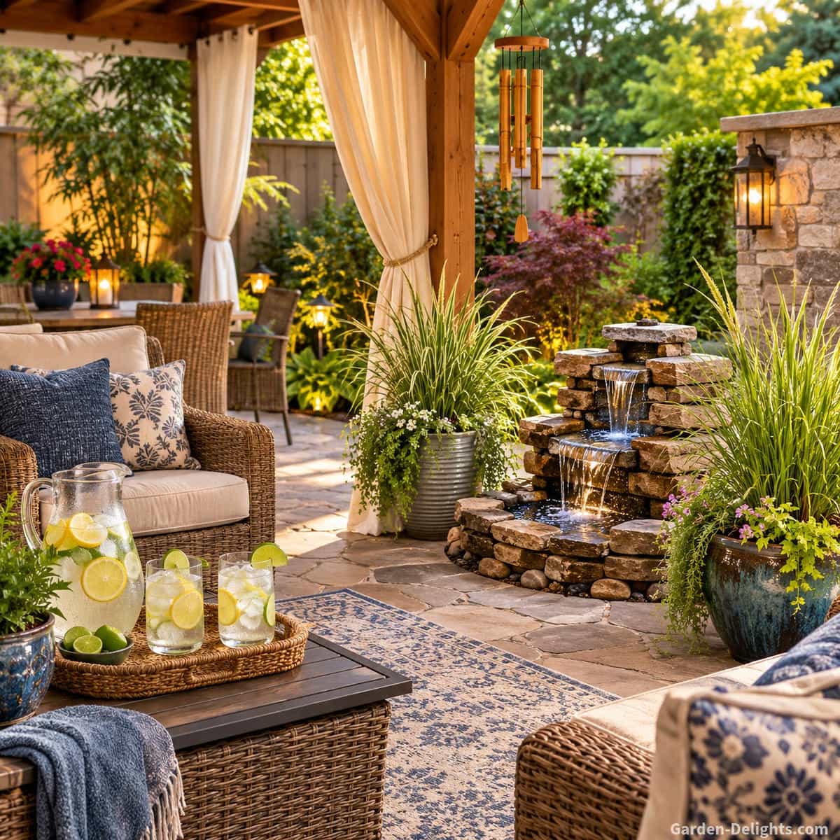 Natural stone patio water fountain beside an outdoor rug, upholstered wicker chairs, privacy curtains, container grasses and a wood pergola showing how soft and hard surfaces influence fountain sound